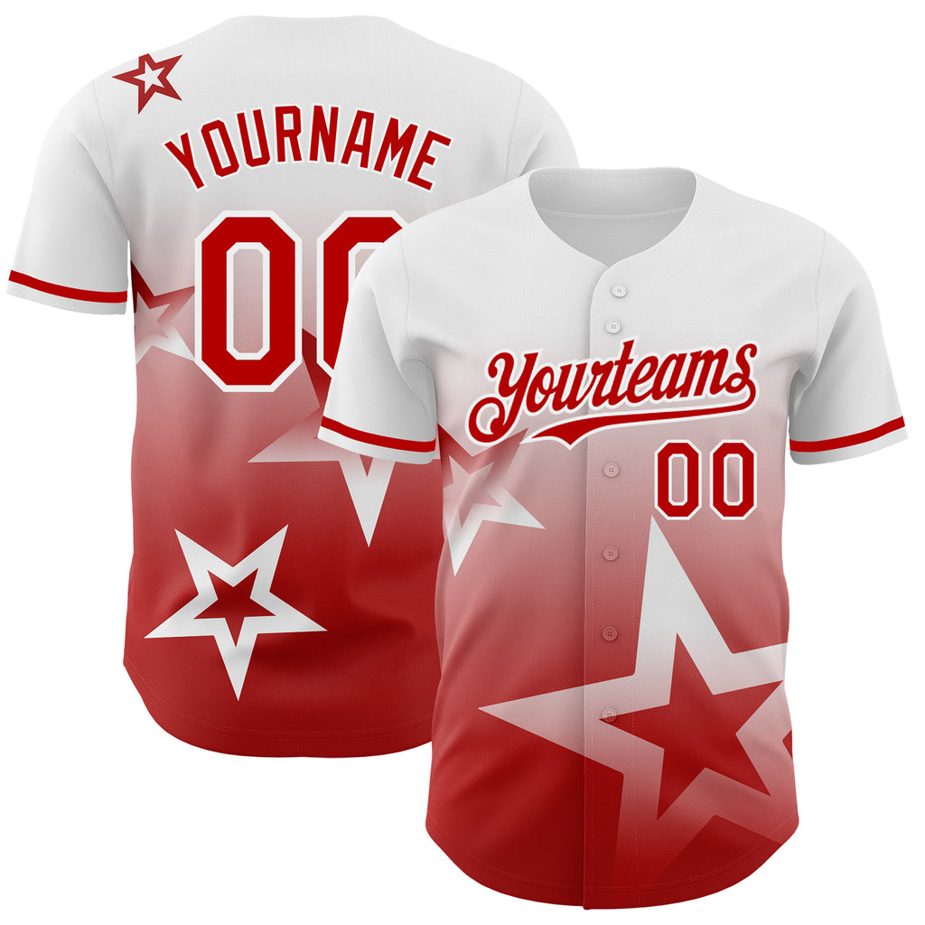 Custom White Red 3D Pattern Design Gradient Style Twinkle Star Authentic Baseball Jersey
