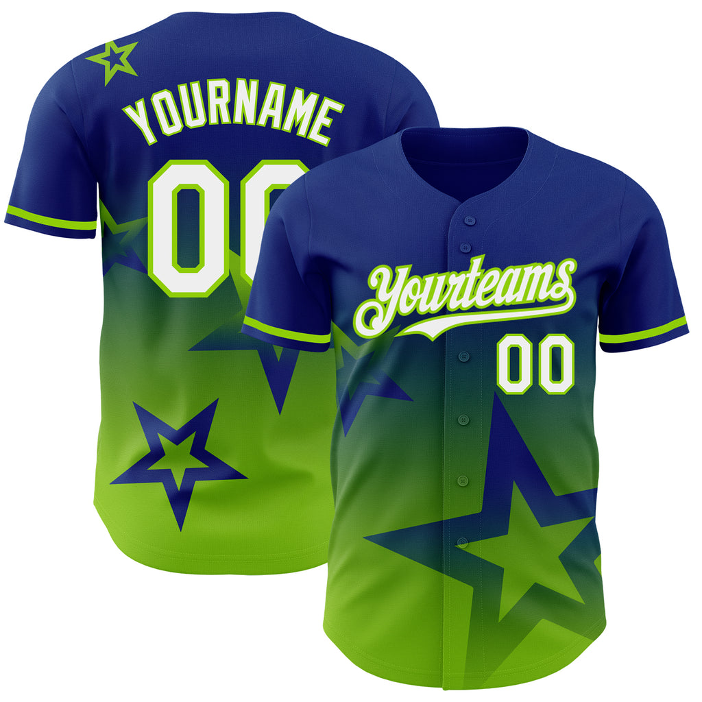 Custom Royal White-Neon Green 3D Pattern Design Gradient Style Twinkle Star Authentic Baseball Jersey