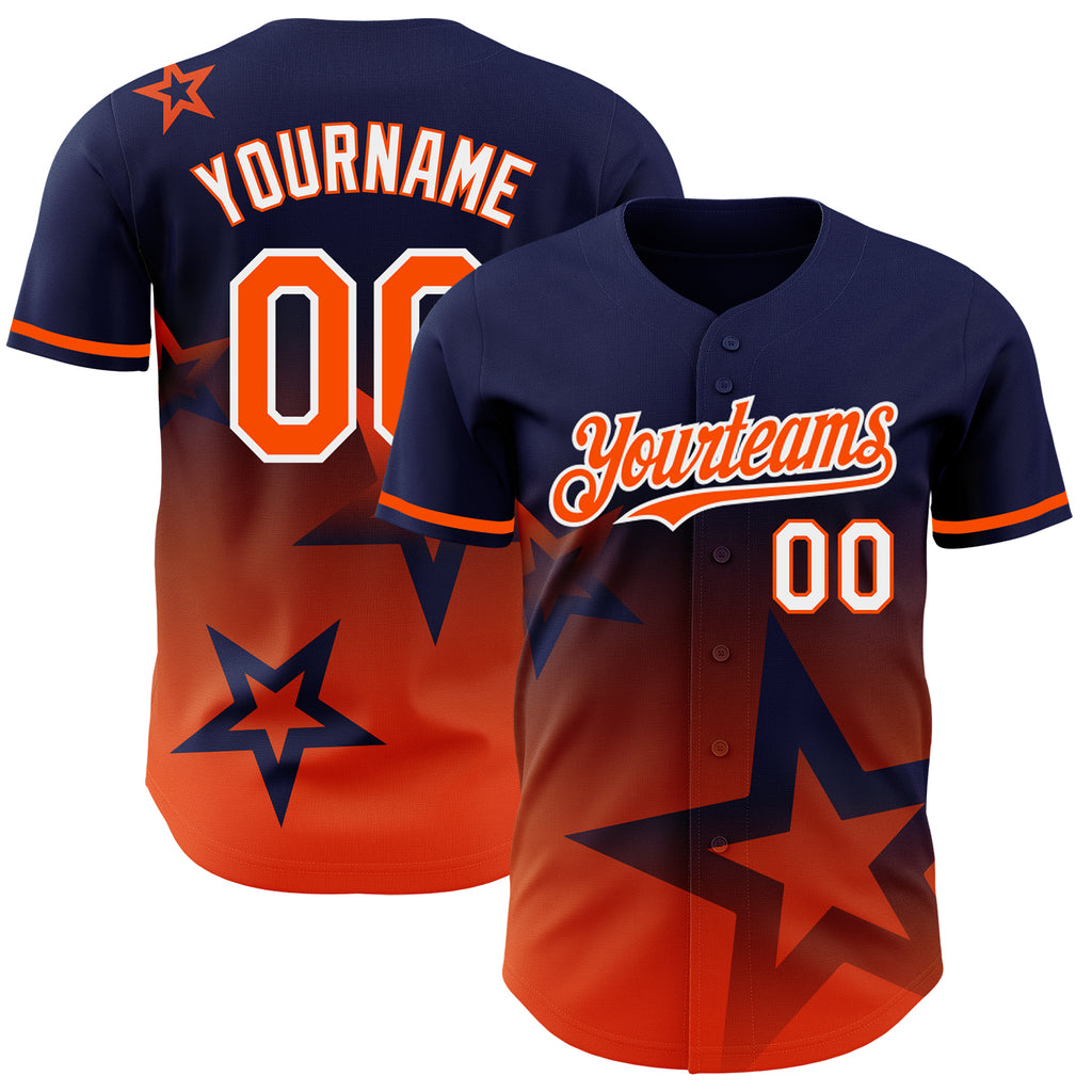 Custom Navy Orange-White 3D Pattern Design Gradient Style Twinkle Star Authentic Baseball Jersey