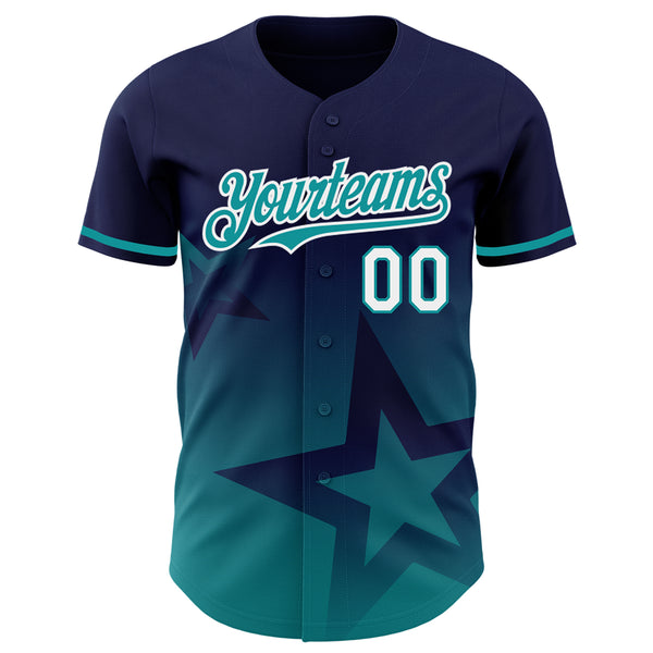 Custom Navy Teal-White 3D Pattern Design Gradient Style Twinkle Star Authentic Baseball Jersey