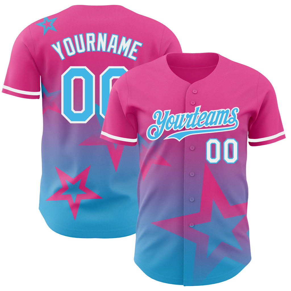 Custom Pink Sky Blue-White 3D Pattern Design Gradient Style Twinkle Star Authentic Baseball Jersey