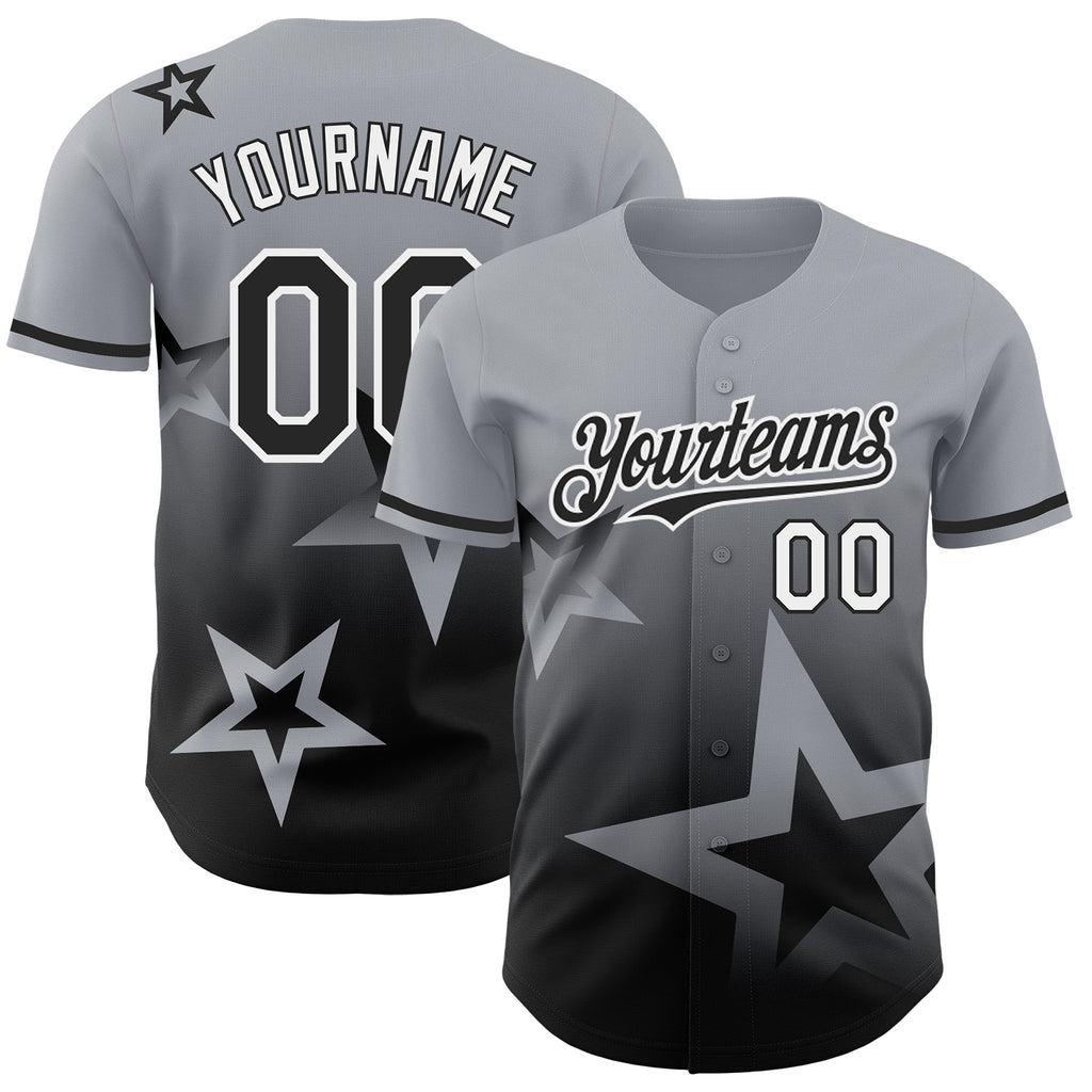 Custom Gray Black-White 3D Pattern Design Gradient Style Twinkle Star Authentic Baseball Jersey
