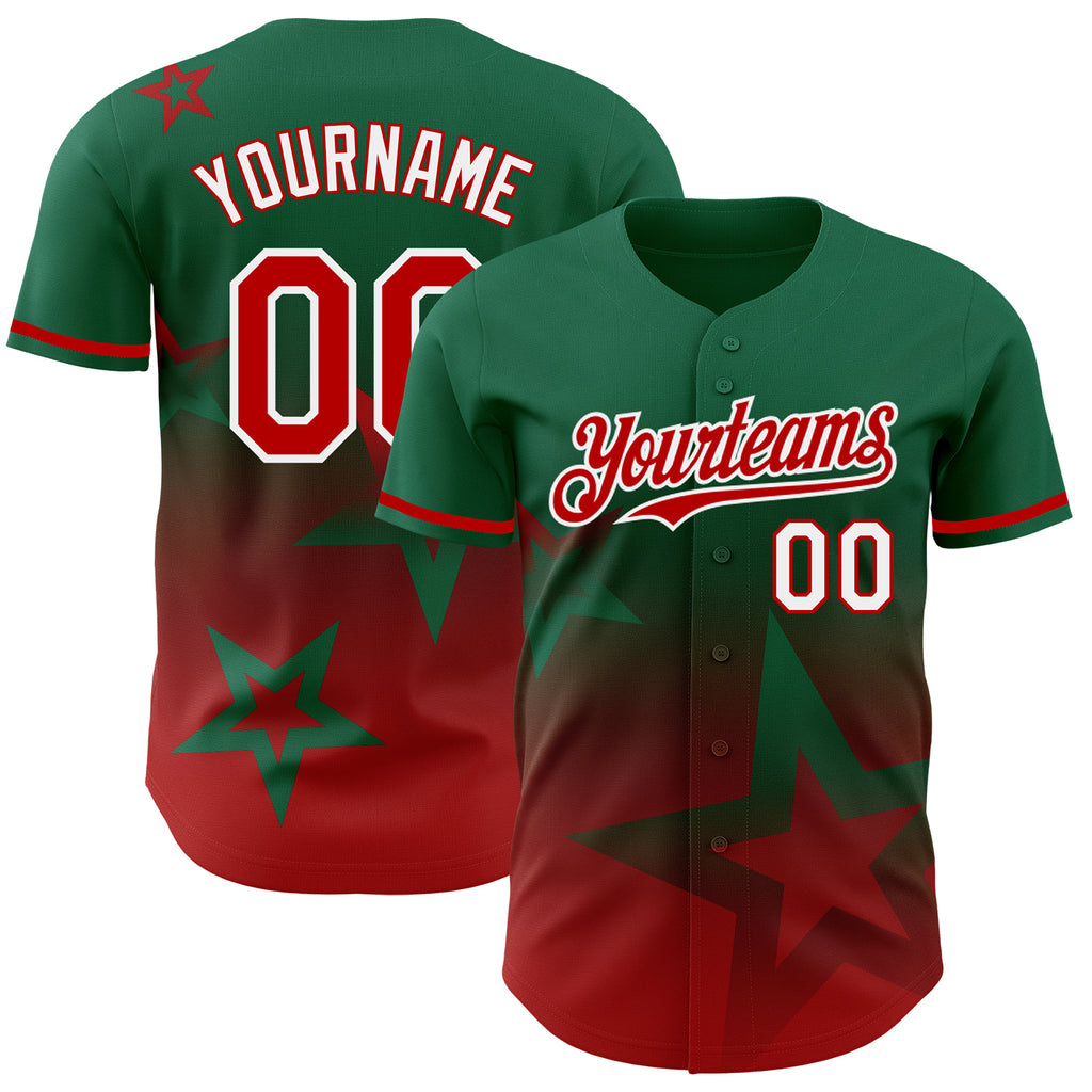 Custom Kelly Green Red-White 3D Pattern Design Gradient Style Twinkle Star Authentic Baseball Jersey
