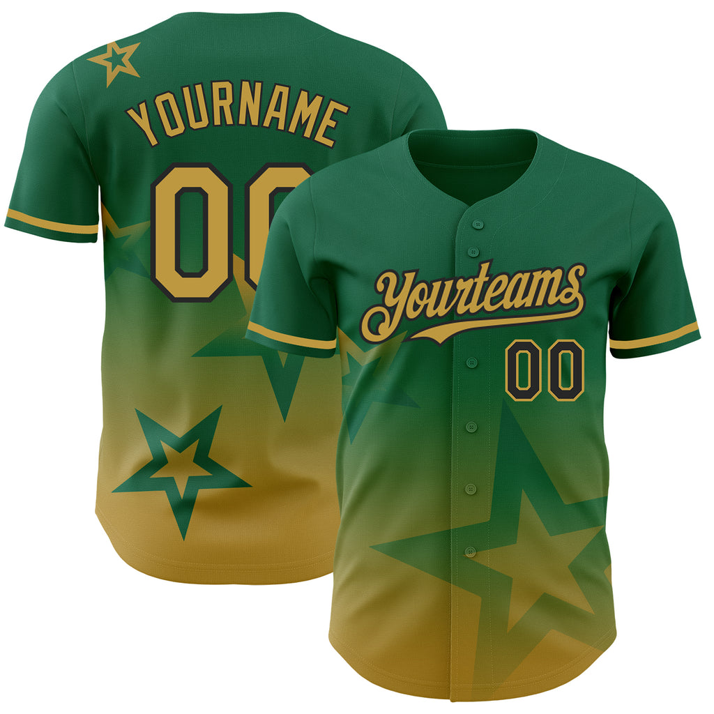 Custom Kelly Green Old Gold-Black 3D Pattern Design Gradient Style Twinkle Star Authentic Baseball Jersey
