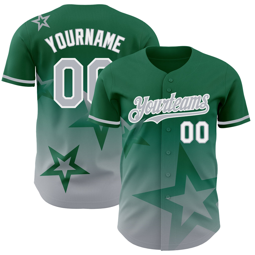 Custom Kelly Green Gray-White 3D Pattern Design Gradient Style Twinkle Star Authentic Baseball Jersey