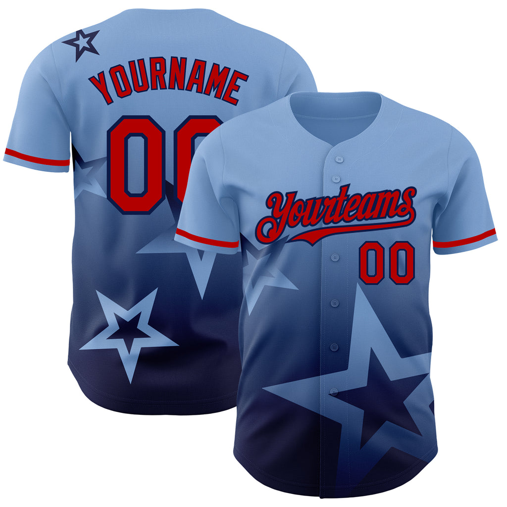 Custom Light Blue Red-Navy 3D Pattern Design Gradient Style Twinkle Star Authentic Baseball Jersey