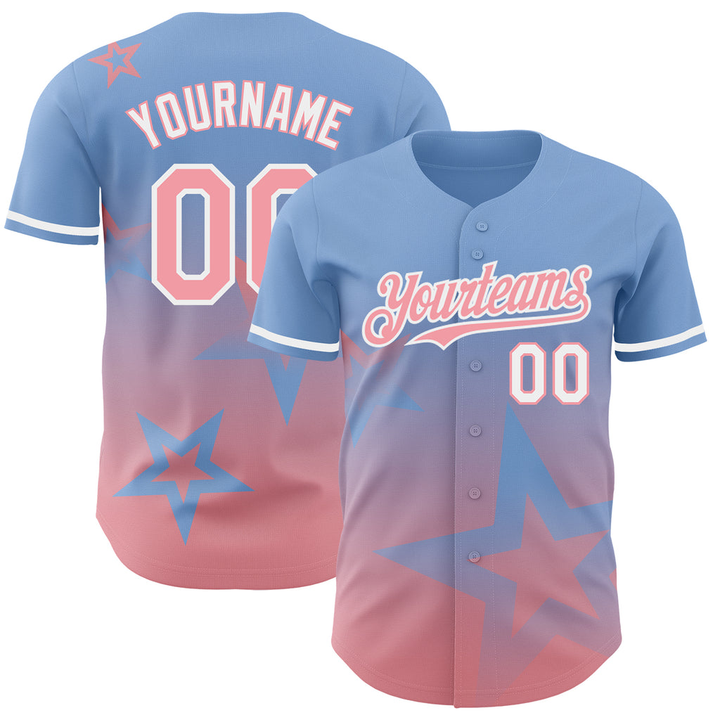 Custom Light Blue Medium Pink-White 3D Pattern Design Gradient Style Twinkle Star Authentic Baseball Jersey