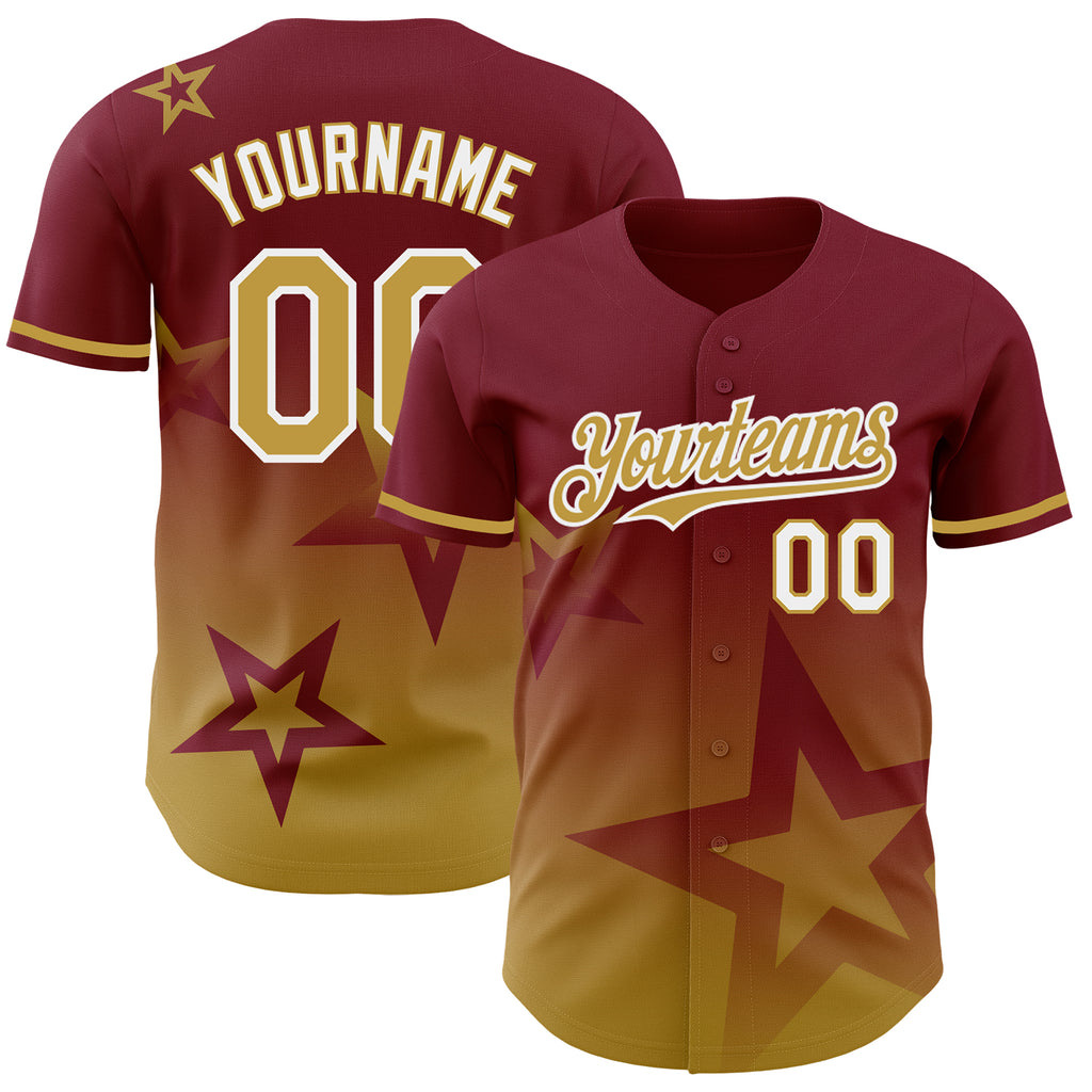 Custom Crimson Old Gold-White 3D Pattern Design Gradient Style Twinkle Star Authentic Baseball Jersey