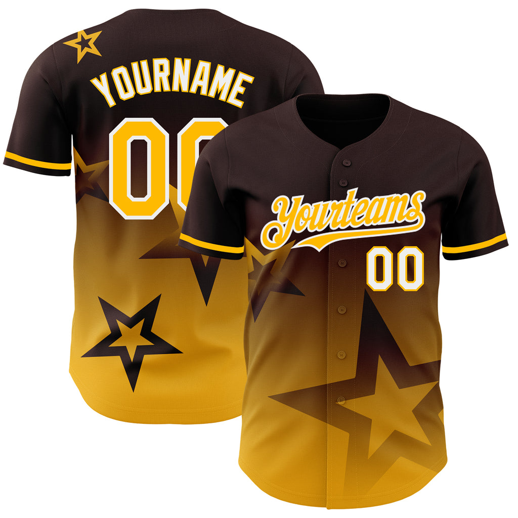 Custom Brown Gold-White 3D Pattern Design Gradient Style Twinkle Star Authentic Baseball Jersey