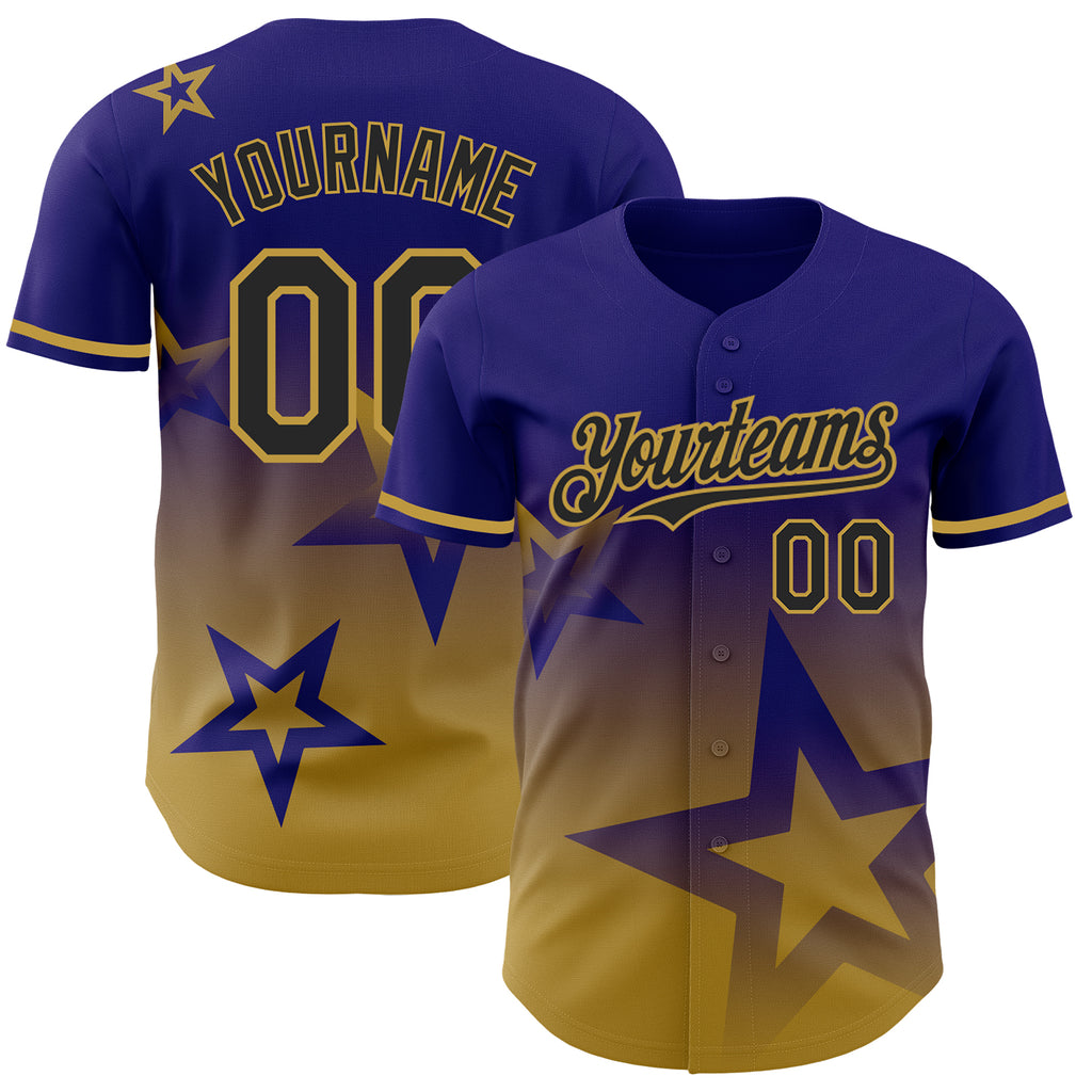 Custom Dark Purple Black-Old Gold 3D Pattern Design Gradient Style Twinkle Star Authentic Baseball Jersey