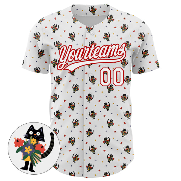 Custom White Red 3D Pattern Design Animal Cat Authentic Baseball Jersey