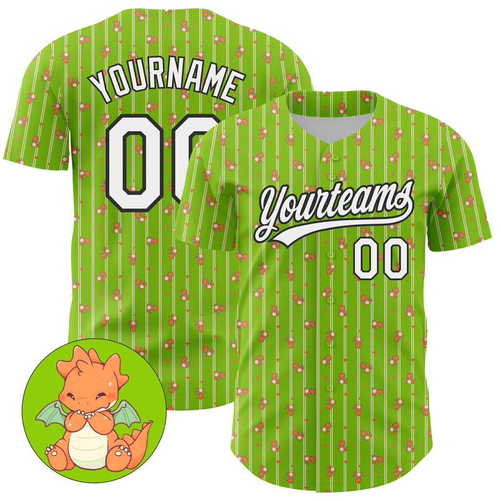 Custom Neon Green White-Black 3D Pattern Design Animal Dinosaur Authentic Baseball Jersey