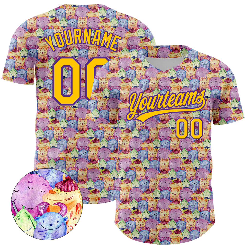 Custom Pink Yellow-Purple 3D Pattern Design Animal Funny Monster Authentic Baseball Jersey