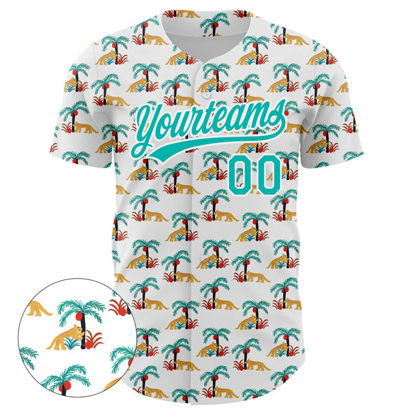 Custom White Aqua 3D Pattern Design Animal Leopard And Hawaii Palm Trees Authentic Baseball Jersey