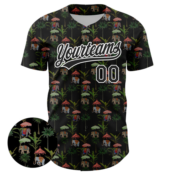 Custom Black White 3D Pattern Design Animal Elephant And Hawaii Palm Trees Authentic Baseball Jersey