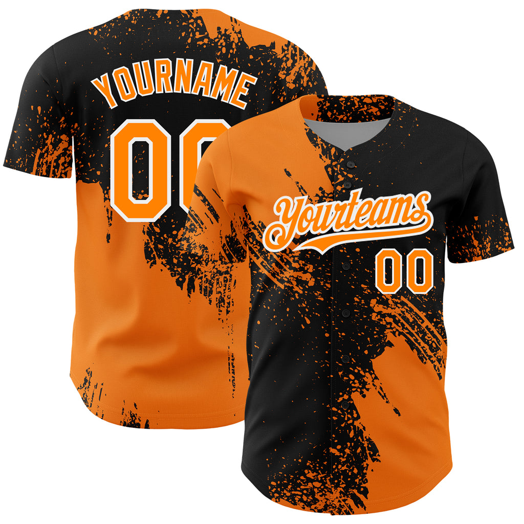 Custom Bay Orange Black-White 3D Pattern Design Abstract Brush Stroke Authentic Baseball Jersey