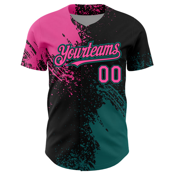 Custom Pink Black-Teal 3D Pattern Design Abstract Brush Stroke Authentic Baseball Jersey