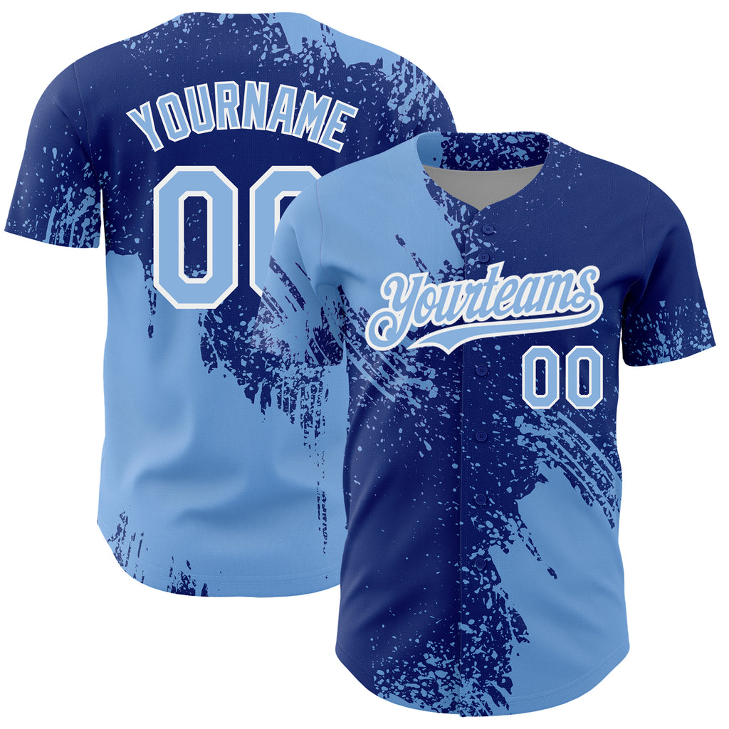 Custom Light Blue Royal-White 3D Pattern Design Abstract Brush Stroke Authentic Baseball Jersey