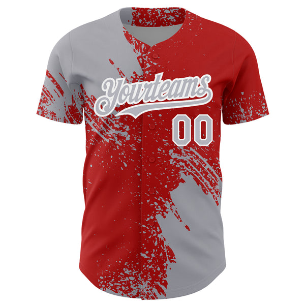 Custom Gray Red-White 3D Pattern Design Abstract Brush Stroke Authentic Baseball Jersey