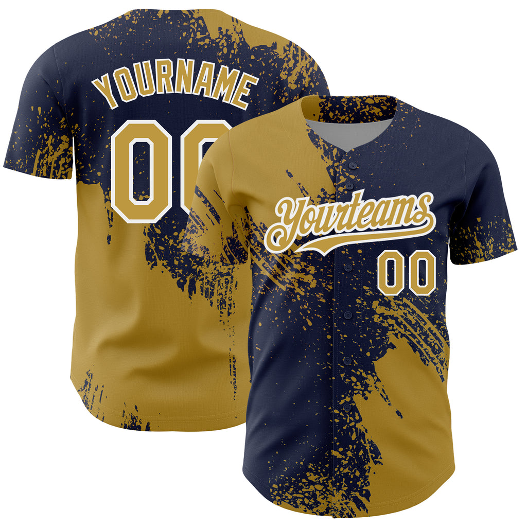 Custom Old Gold Navy-White 3D Pattern Design Abstract Brush Stroke Authentic Baseball Jersey