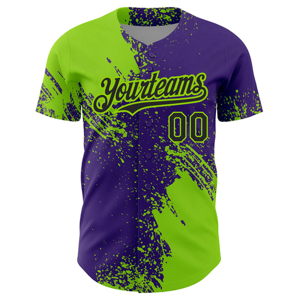 Custom Neon Green Black-Purple 3D Pattern Design Abstract Brush Stroke Authentic Baseball Jersey