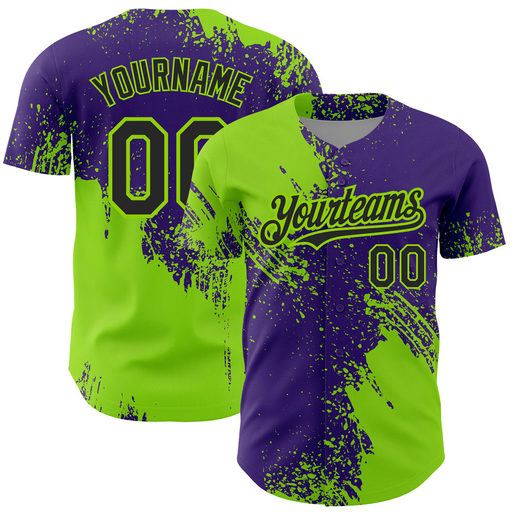 Custom Neon Green Black-Purple 3D Pattern Design Abstract Brush Stroke Authentic Baseball Jersey