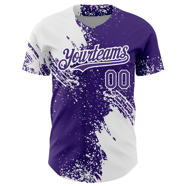 Custom White Purple 3D Pattern Design Abstract Brush Stroke Authentic Baseball Jersey