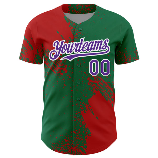 Custom Red Purple Kelly Green-White 3D Pattern Design Abstract Brush Stroke Authentic Baseball Jersey
