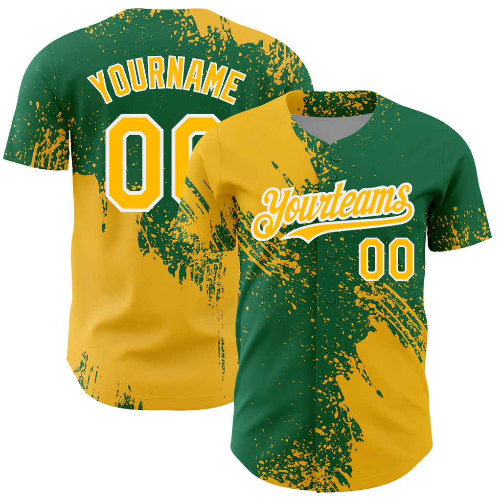 Custom Gold Kelly Green-White 3D Pattern Design Abstract Brush Stroke Authentic Baseball Jersey