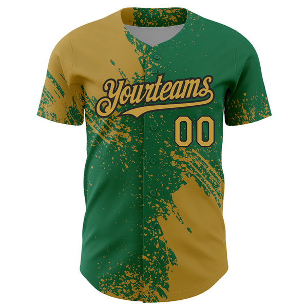 Custom Old Gold Kelly Green-Black 3D Pattern Design Abstract Brush Stroke Authentic Baseball Jersey