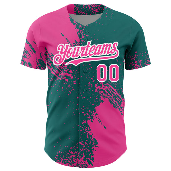 Custom Pink Teal-White 3D Pattern Design Abstract Brush Stroke Authentic Baseball Jersey