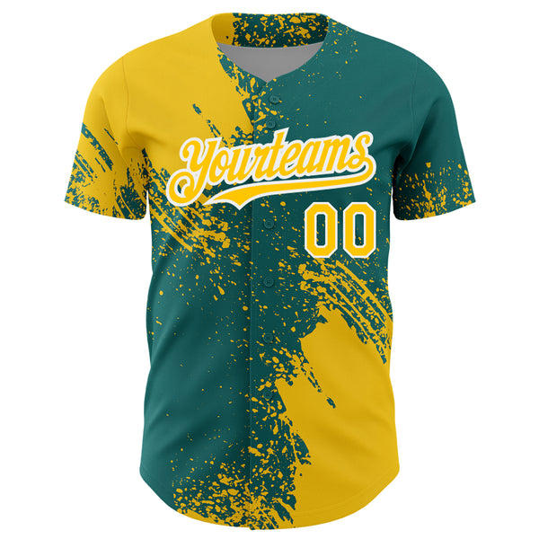 Custom Yellow Teal-White 3D Pattern Design Abstract Brush Stroke Authentic Baseball Jersey