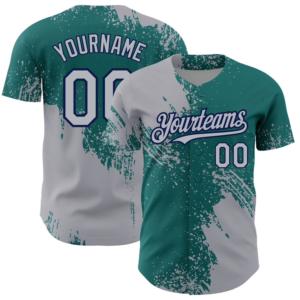 Custom Gray Teal-Navy 3D Pattern Design Abstract Brush Stroke Authentic Baseball Jersey