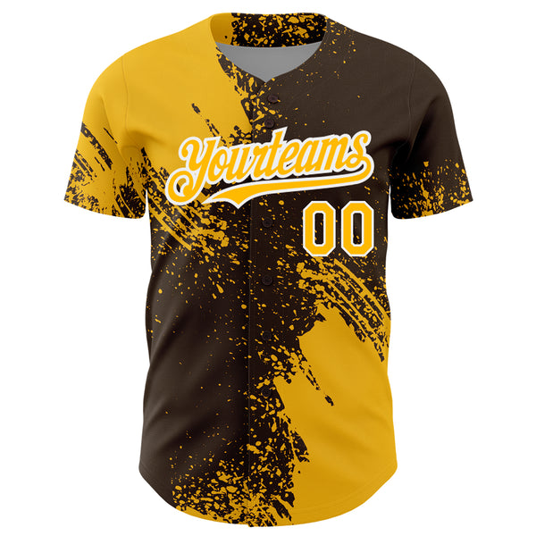 Custom Gold Brown-White 3D Pattern Design Abstract Brush Stroke Authentic Baseball Jersey