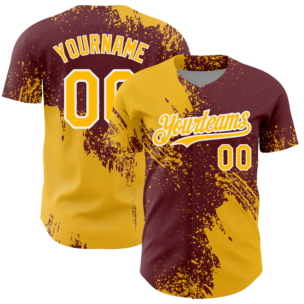 Custom Gold Burgundy-White 3D Pattern Design Abstract Brush Stroke Authentic Baseball Jersey