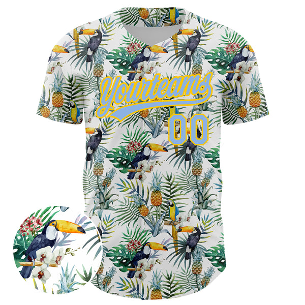 Custom White Light Blue-Yellow 3D Pattern Design Animal Toucan And Tropical Hawaii Palm Leaves Authentic Baseball Jersey