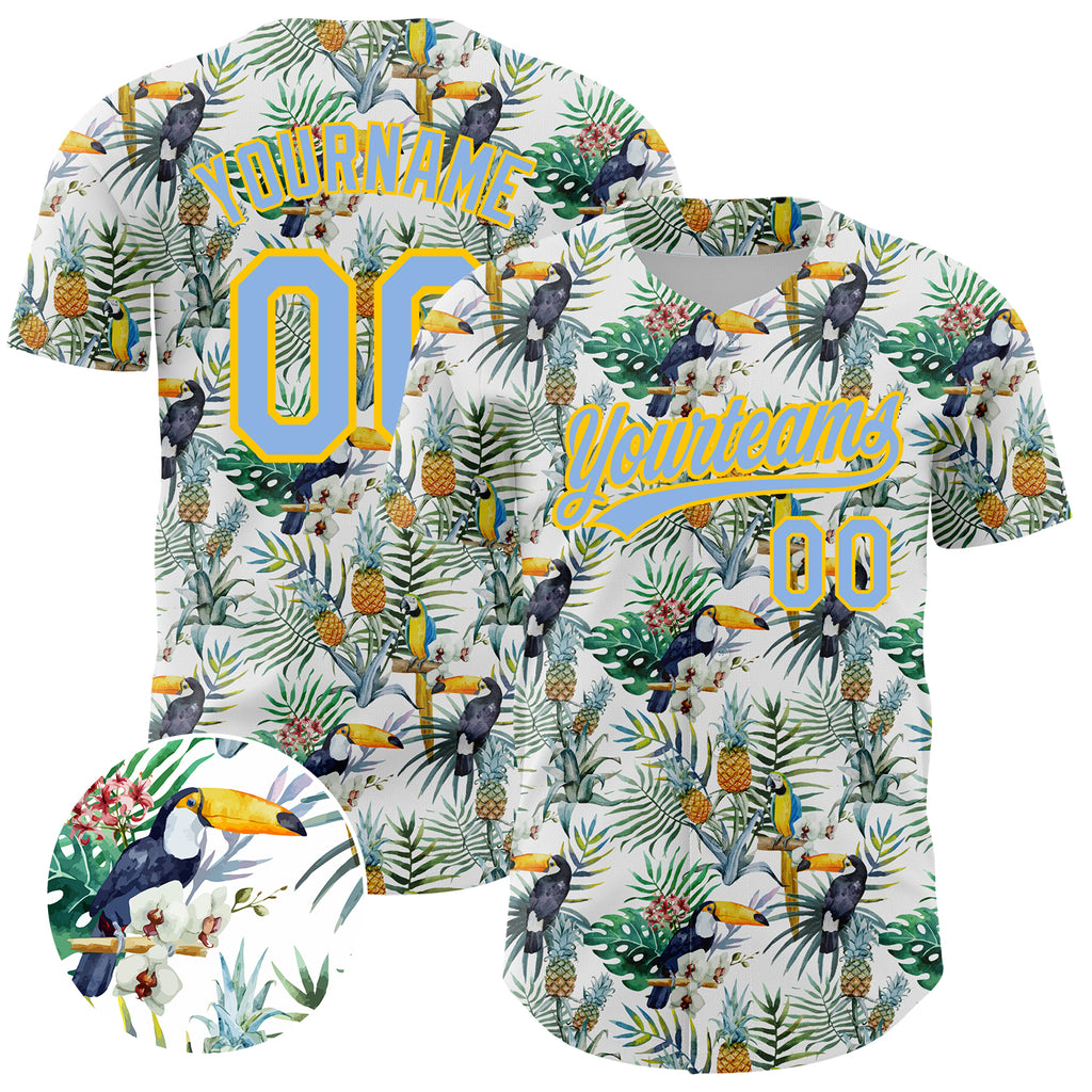 Custom White Light Blue-Yellow 3D Pattern Design Animal Toucan And Tropical Hawaii Palm Leaves Authentic Baseball Jersey