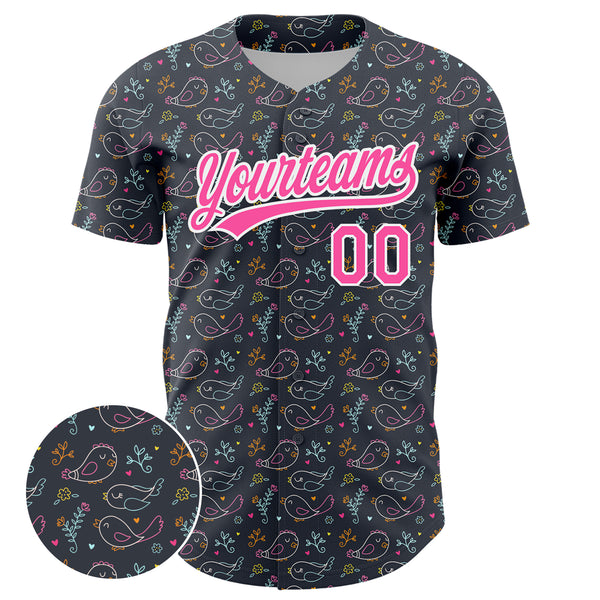 Custom Navy Pink-White 3D Pattern Design Animal Bird Authentic Baseball Jersey