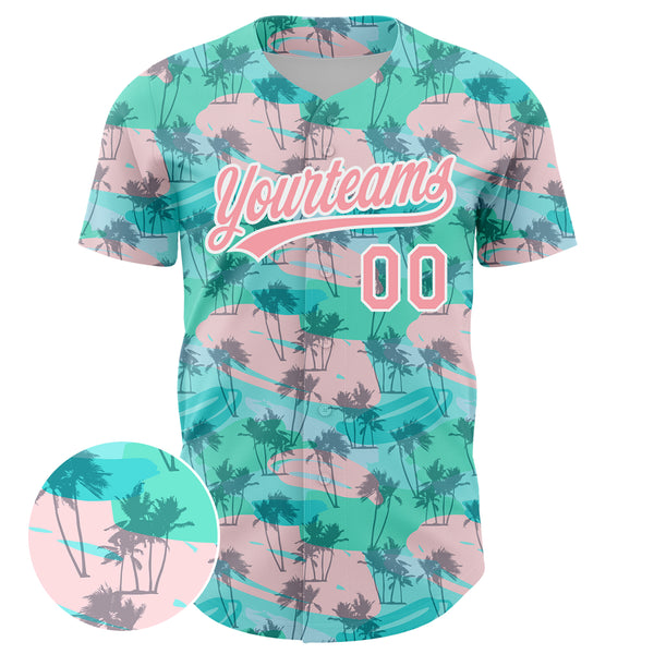 Custom Green Medium Pink-White 3D Pattern Design Tropical Hawaii Palm Trees Authentic Baseball Jersey