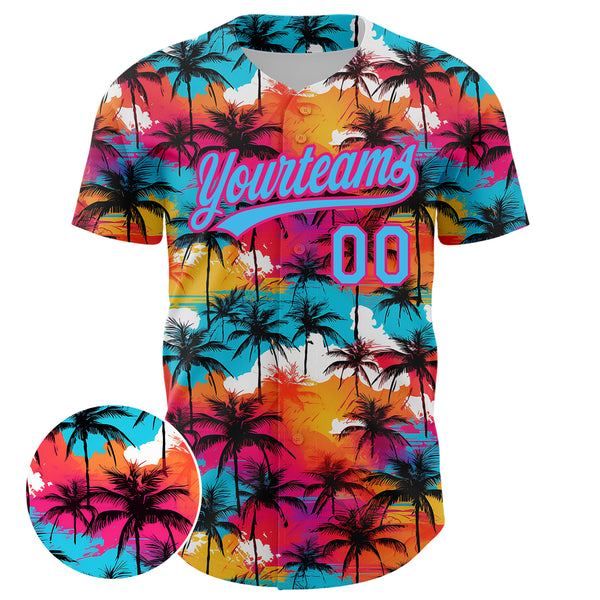Custom Sky Blue Hot Pink 3D Pattern Design Tropical Hawaii Palm Trees Authentic Baseball Jersey