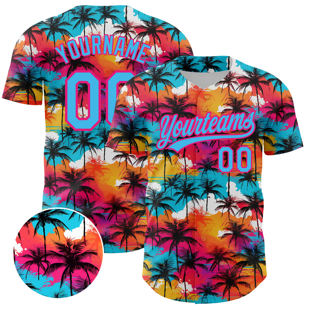 Custom Sky Blue Hot Pink 3D Pattern Design Tropical Hawaii Palm Trees Authentic Baseball Jersey