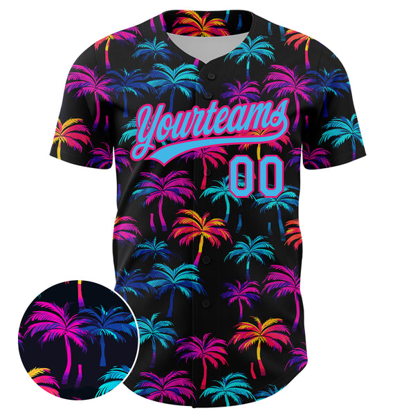 Custom Black Sky Blue-Hot Pink 3D Pattern Design Tropical Hawaii Palm Trees Authentic Baseball Jersey