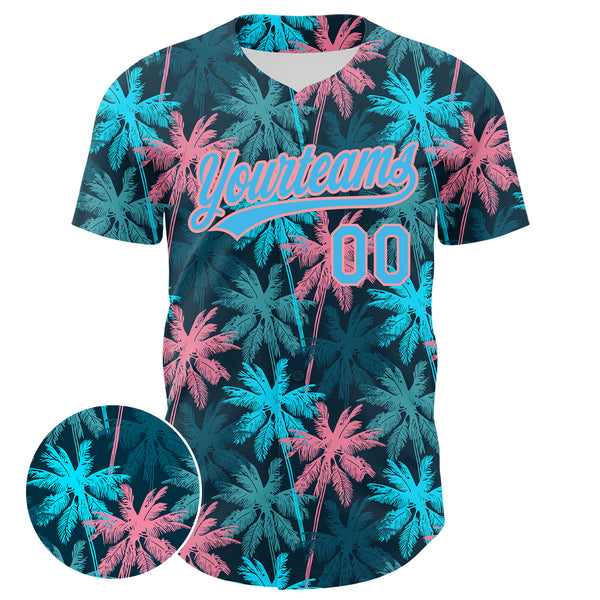 Custom Black Sky Blue-Medium Pink 3D Pattern Design Tropical Hawaii Palm Trees Authentic Baseball Jersey