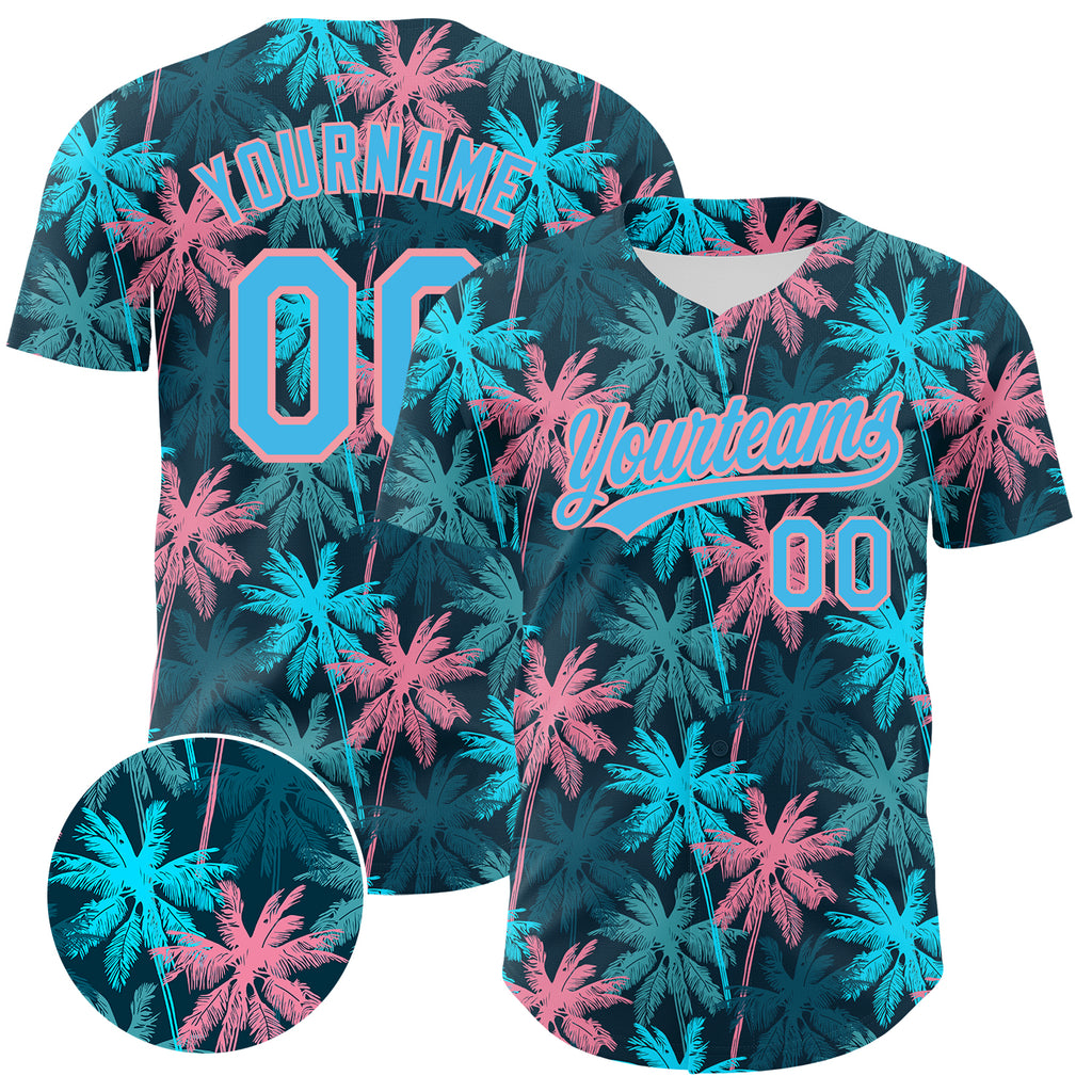 Custom Black Sky Blue-Medium Pink 3D Pattern Design Tropical Hawaii Palm Trees Authentic Baseball Jersey