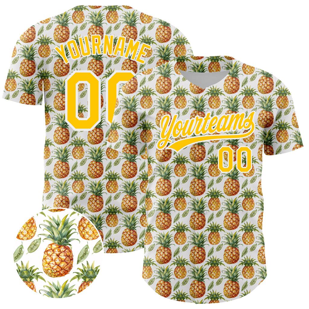 Custom White Yellow 3D Pattern Design Fruit Pineapple Authentic Baseball Jersey