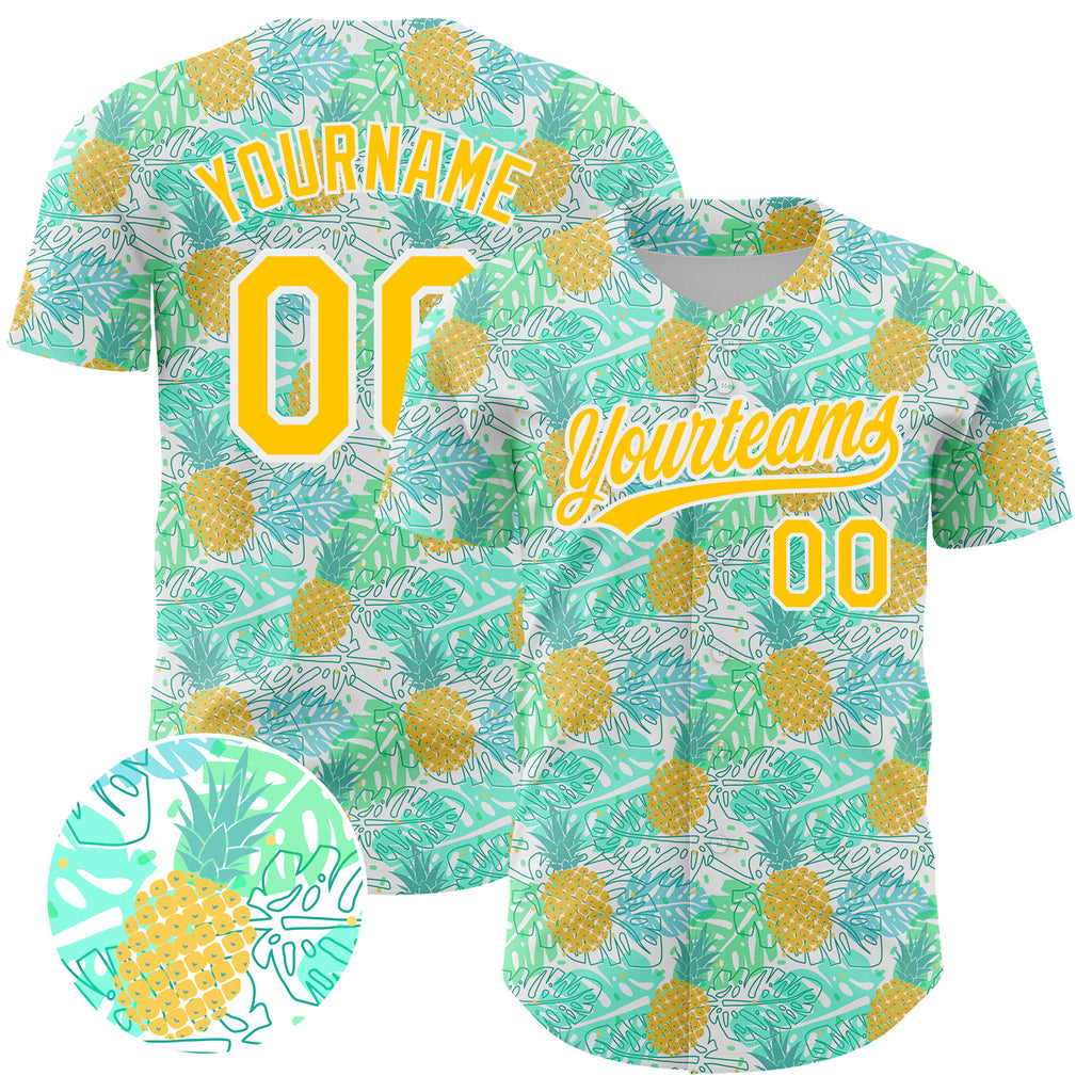 Custom Green Yellow-White 3D Pattern Design Fruit Pineapple Authentic Baseball Jersey