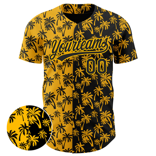 Custom Gold Black 3D Pattern Design Tropical Hawaii Palm Trees Authentic Baseball Jersey