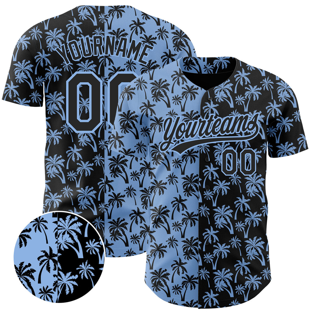 Custom Light Blue Black 3D Pattern Design Tropical Hawaii Palm Trees Authentic Baseball Jersey