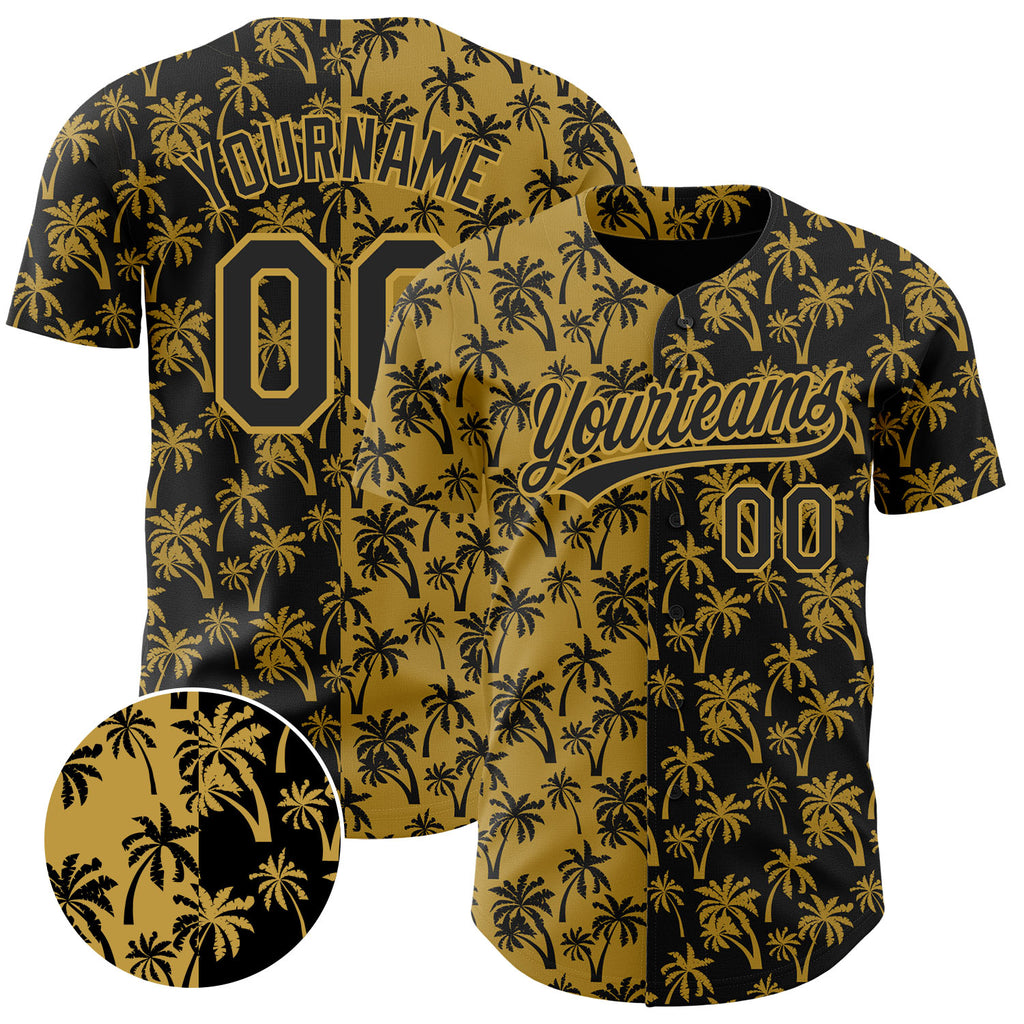 Custom Old Gold Black 3D Pattern Design Tropical Hawaii Palm Trees Authentic Baseball Jersey