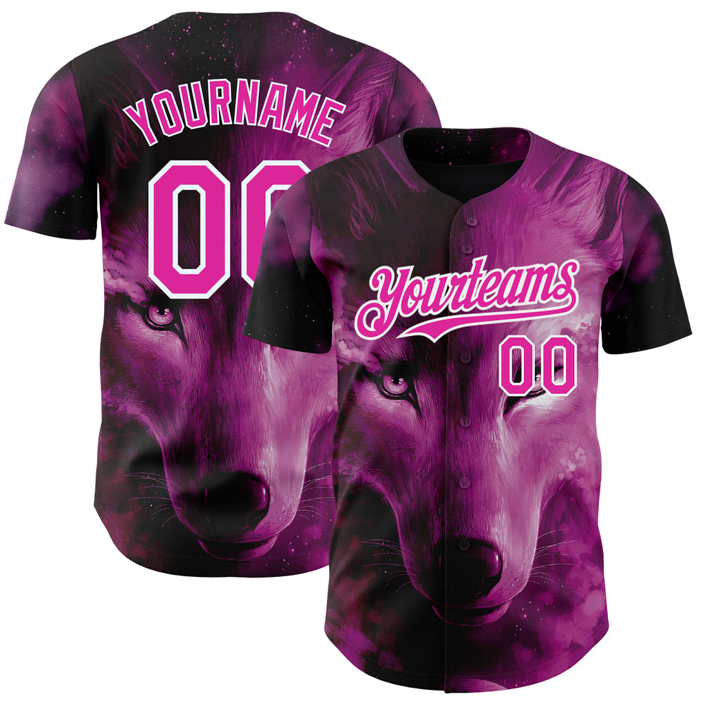 Custom Pink White 3D Pattern Design Animal Wolf Authentic Baseball Jersey